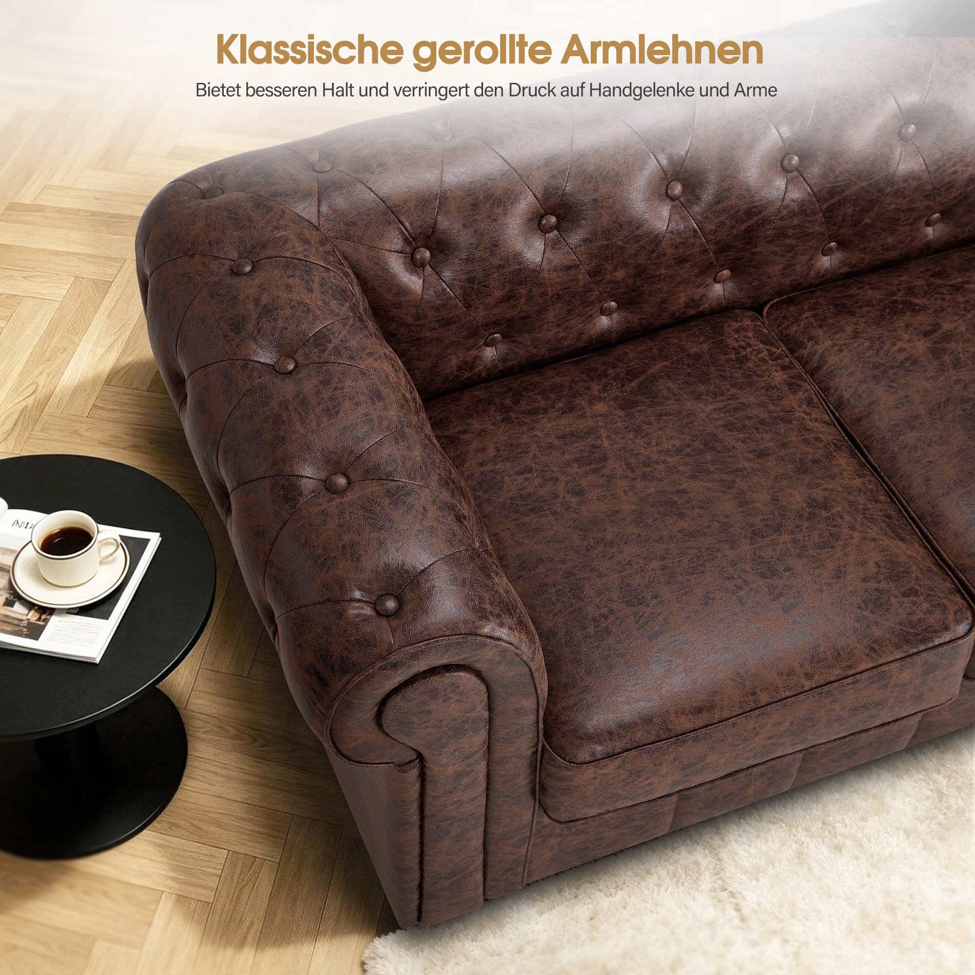 BarberPub Chesterfield Sofa 3-Sitzer 208cm, Wartebank Friseur Vintage, Sitzbank mit Rückenlehne & Armlehne Couch 3-er, Friseureinrichtung Klassisch W536