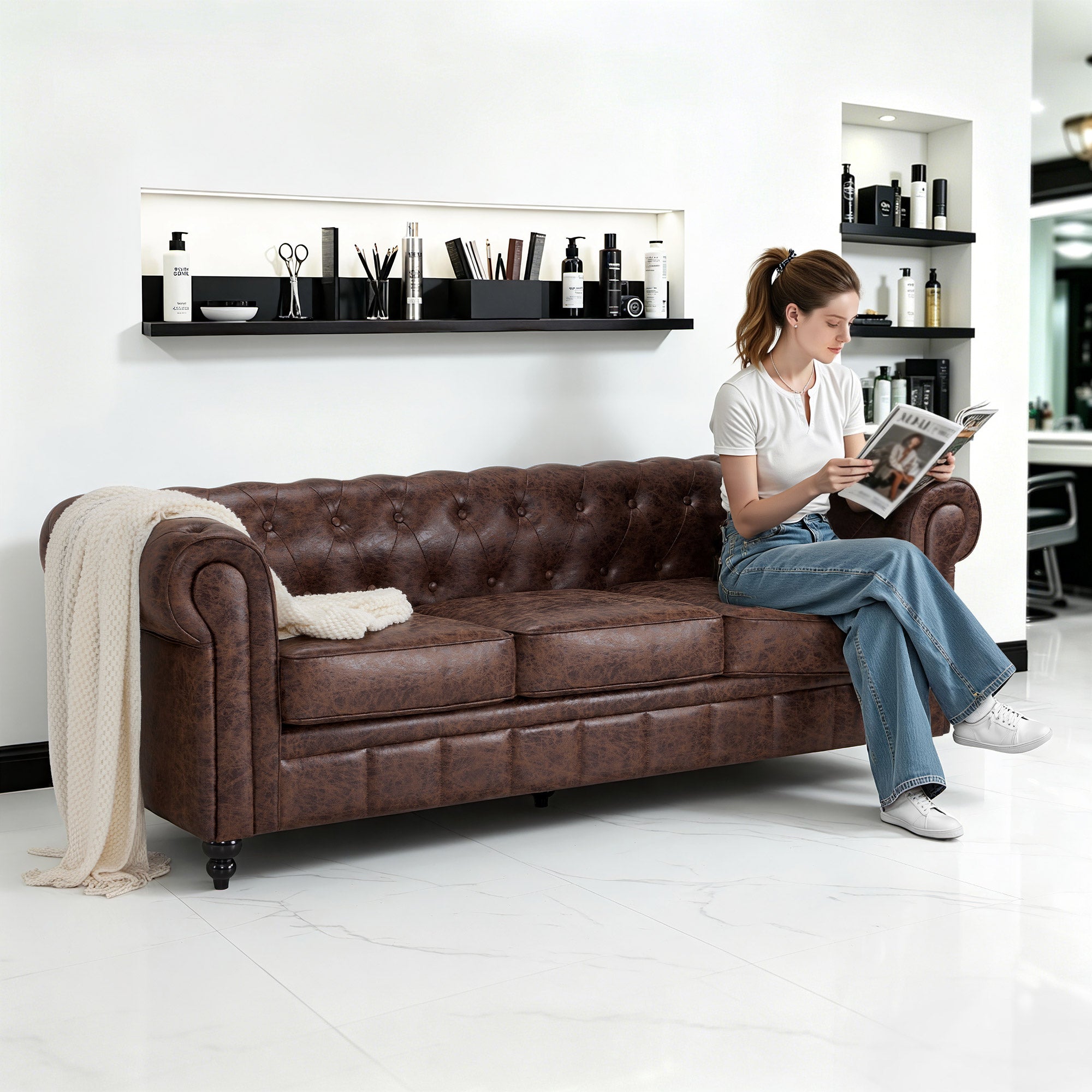 BarberPub Chesterfield Sofa 3-Sitzer 208cm, Wartebank Friseur Vintage, Sitzbank mit Rückenlehne & Armlehne Couch 3-er, Friseureinrichtung Klassisch W536