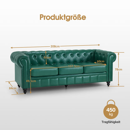 BarberPub Chesterfield Sofa 3-Sitzer 208cm, Wartebank Friseur Vintage, Sitzbank mit Rückenlehne & Armlehne Couch 3-er, Friseureinrichtung Klassisch W536