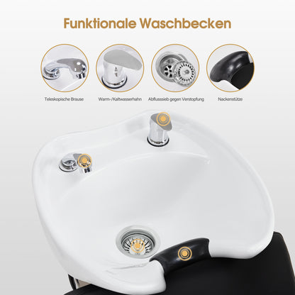 Barberpub Friseurstuhl mit Waschbecken, Friseurwaschbecken aus Keramik Verstellbar, Rückwärtswaschsessel Friseurwaschsessel für SPA Salon, Friseur Waschplatz 8010