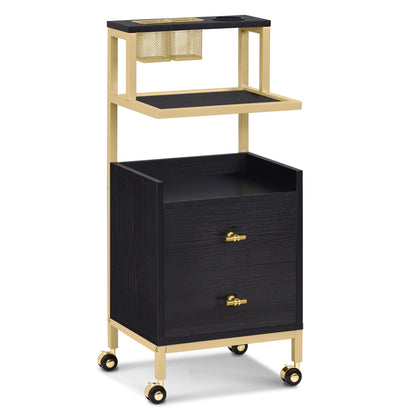 BarberPub Friseurwagen mit Rollen & 2 Schubladen, Rollwagen Servierwagen, Salon Trolley mit 2 Ablagen & Föhnhalter, Moderner Arbeitswagen für Bad Wohnzimmer, 32x37x87cm, 0029