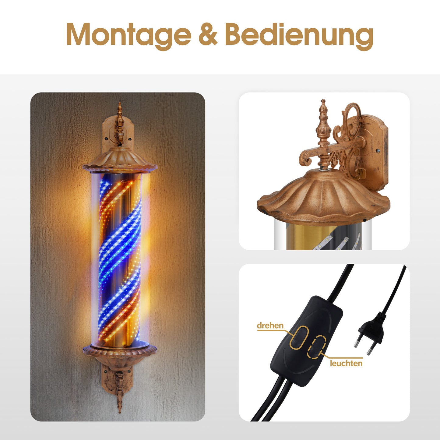 BarberPub Barber Pole Barbierstab, Friseurstange Retro Stil Licht, Drehbaren Blau Gold Weiß LED-Streifen für Barbershop, 100,5 CM Barbier Stange Licht L059BC