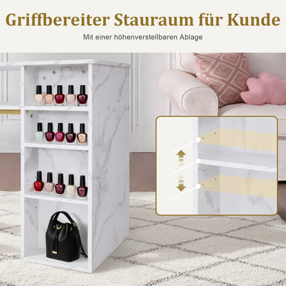 BarberPub Manikürtisch mit Schublade & Schrank, Nageltisch mit Absaugung, 3 Steckdosen, 2 Staubsaugerbeuteln, Nagelfrisiertisch Holz, Schreibtisch für Nagelstudio, Marmor-Weiß Gold, 50x110x82cm, 2491