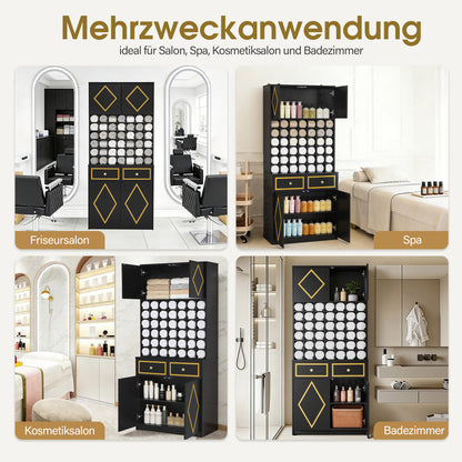 BarberPub Handtuchschrank mit 2 Schubladen, 42 Offenen Fächern & 4 Schränken, Badezimmerschrank Schwarz, Hochschrank Aufbewahrungsschrank Holz für Friseursalon, Schönheitssalon R6194/R6179