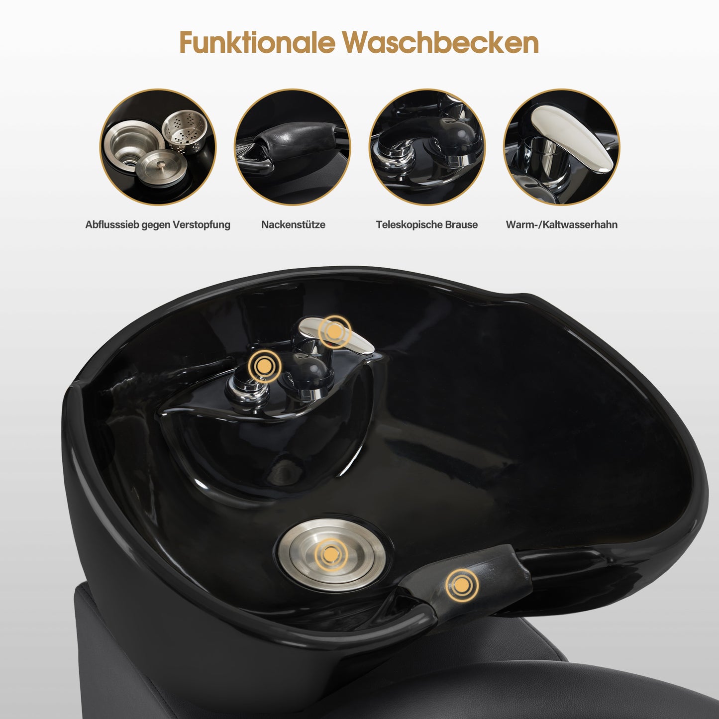 Barberpub Friseurstuhl mit Waschbecken, Friseurwaschbecken aus Keramik Verstellbar, Rückwärtswaschsessel mit Fußhocker, Friseurwaschsessel für SPA Salon, Friseur Waschplatz Retro 8037 (Gold-Schwarz/PVC)