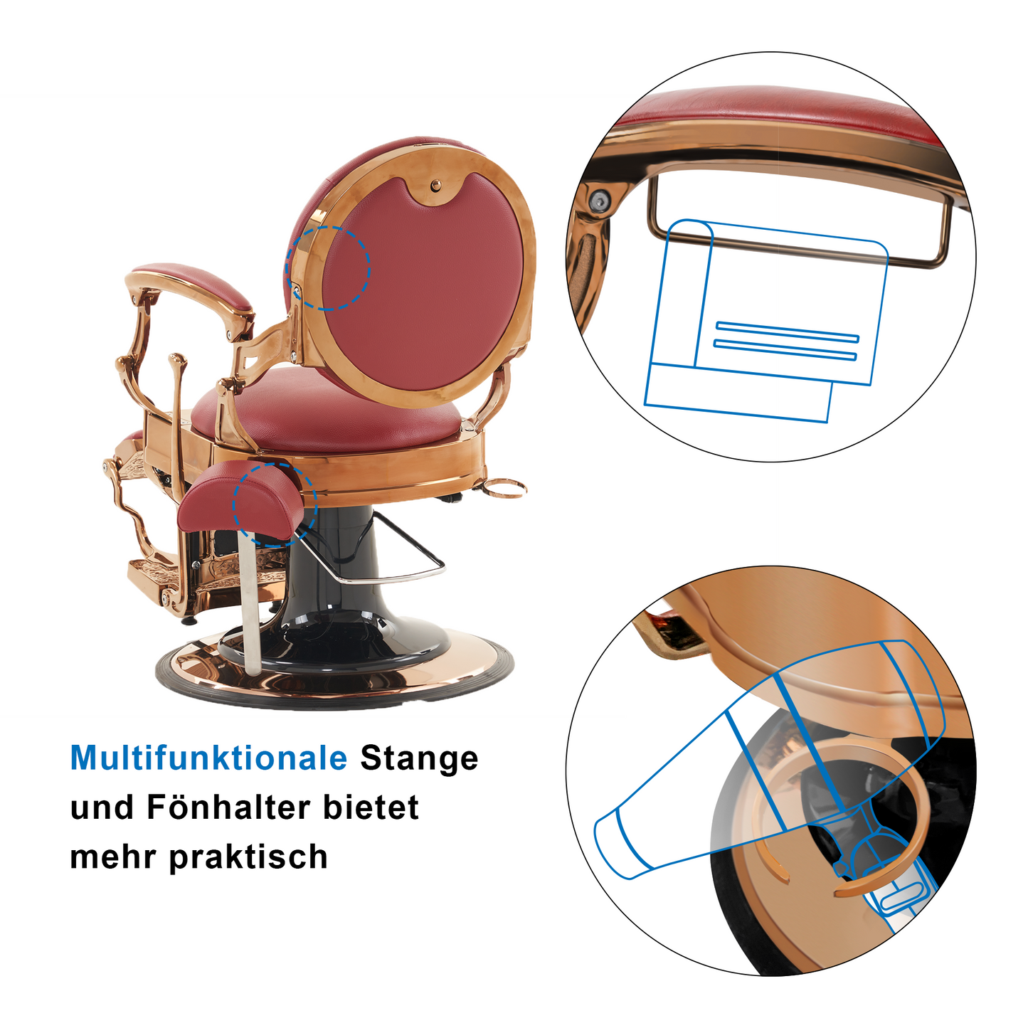 Barberpub Friseurstuhl hydraulische Friseursessel 2933, mit Retro/ Vintage Stil, 360° drehbar, Kunstleder, Goldrahmen/ Roségold Rahmen, 113 × 68 × 109 cm