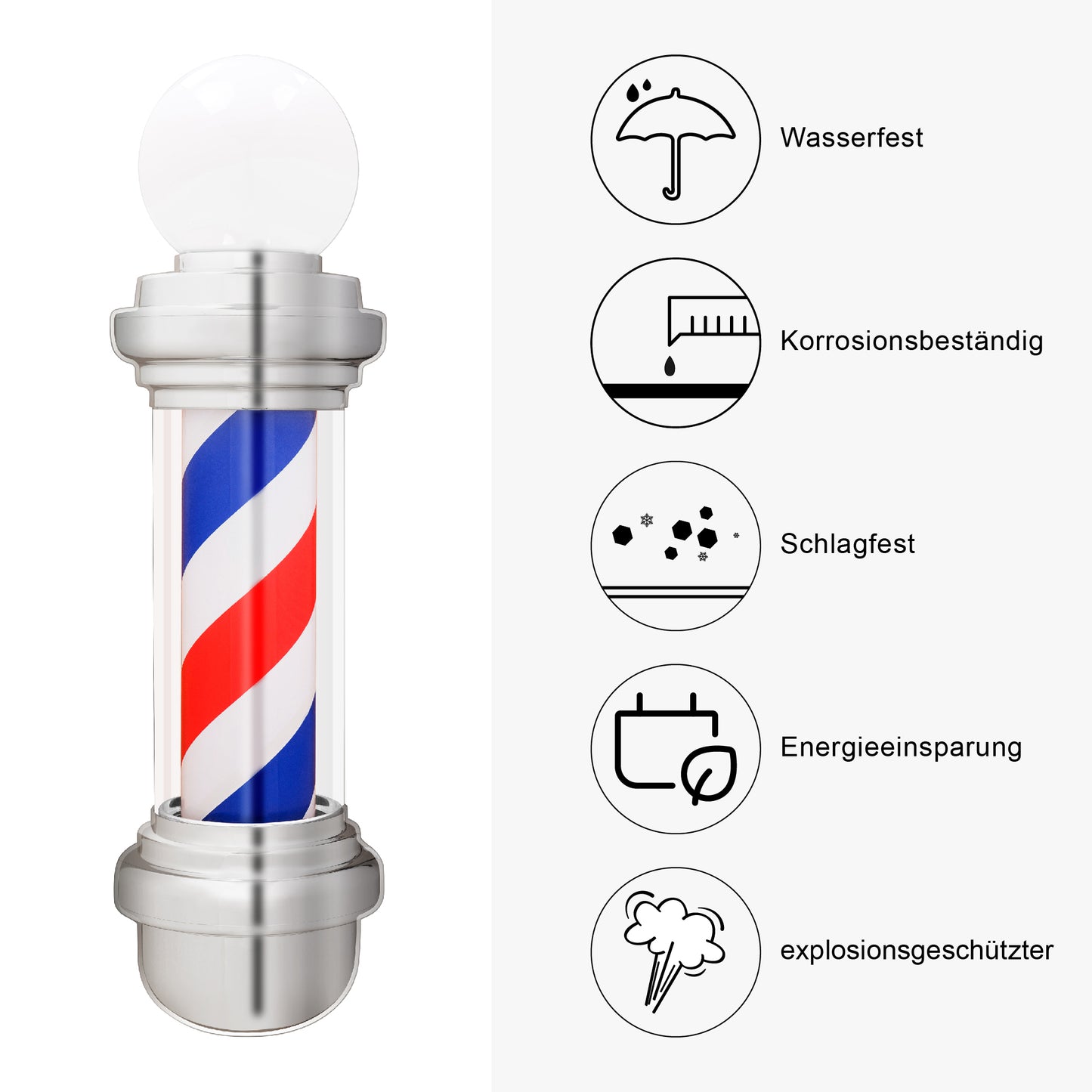 Barberpub Barber-Pole Barbierstab mit LED-Kugelleuchte Saloneinrichtung drehbar Barbershop-Säule L018B